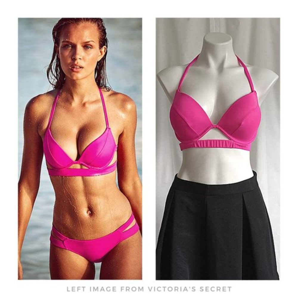Victoria's Secret ▪ Hottie Halter Bathing Suit Cutout Swim Top, Neon Pink Lotus